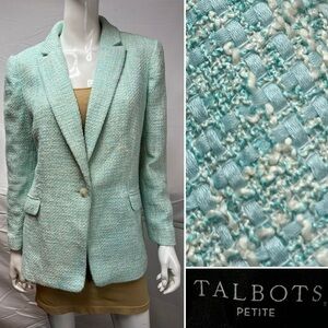 Talbots 16P Petites Blue Cream Woven Knit Single Button Blazer Jacket